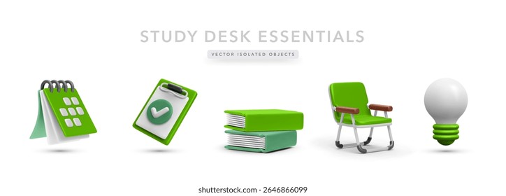 Educational 3D Objects Including Calendar, Checklist, Books, Study Chair, And Lightbulb. Perfect For Classroom Decor, School Design Kits, Or Stationery Packs. Vector Illustration.