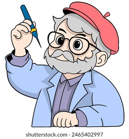 educational activity cartoon doodle, old professor is doing research work on biology