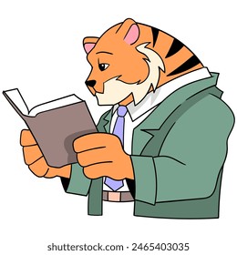 educational activity cartoon doodle, a teachers tiger is reading a book to help teach in the classroom