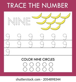 An educational activity for children - line drawing of the number nine  with an illustration of fruits  bananas. Logic game for children.