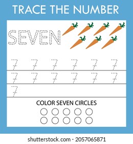 An educational activity for children - line drawing of the number seven with an illustration of  vegetables carrots. Logic game for children.