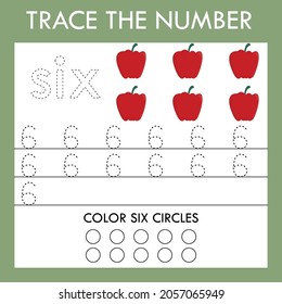 An educational activity for children - line drawing of the number six with an illustration of  vegetables peppers. Logic game for children.