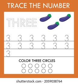 An educational activity for children - line drawing of the number three with an illustration of  vegetables eggplants. Logic game for children.