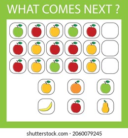 An educational activity for children - to make a logical chain of fruits apples, oranges, bananas, pears, lemons. Which fruit is next?