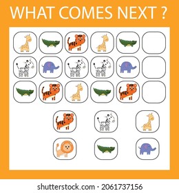 An educational activity for children - to make a logical chain of animals lions, crocodiles,giraffes, zebras, elephants, tigers . Which animals is next?