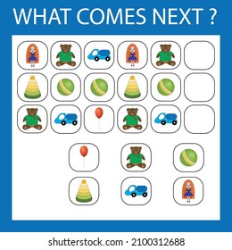 An educational activity for children - to make a logical chain of  colorful toys . Which animals is next?