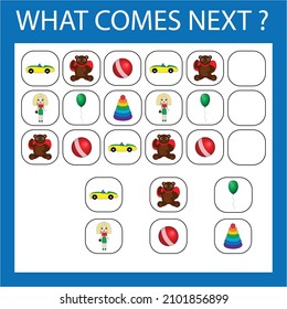 An educational activity for children - to make a logical chain of  colorful toys . Which animals is next?