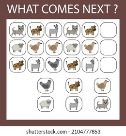 An educational activity for children - to make a logical chain of pets chickens, cows, ducks, sheeps, goats, dogs . Which animals is next?