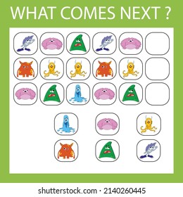 An educational activity for children - to make a logical chain of monsters. Which monsters is next?