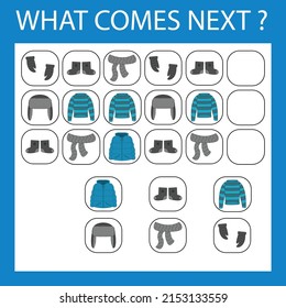 An educational activity for children - to make a logical chain of  clothes  coat, boots, sweater, hat, scarf, mitten. Which  clothes is next?