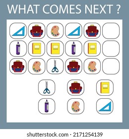 An educational activity for children - to make a logical chain of stationery school. Which monsters is next?