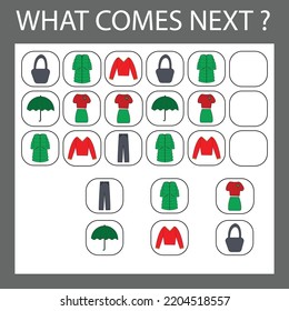 An educational activity for children - to make a logical chain of colorful clothes. Which clothes is next?