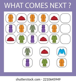 An educational activity for children - to make a logical chain of colorful clothes. Which clothes is next?