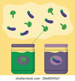 Educational activity for children, sort the broccoli and eggplants into the appropriate jars. Logic game for children.