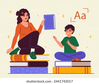 Educational activity concept. Woman and boy sitting at stacks of books. Education, learning and training. Young girl with textbooks. Cartoon flat vector illustration isolated on beige background