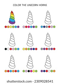 Educational activity for kids. Color the unicorn horns by code worksheet for preschool and kindergarten. Patterns