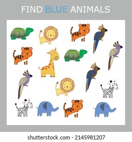 Educational activity for kids, find the blue animal among the colorful ones. Logic game for children.