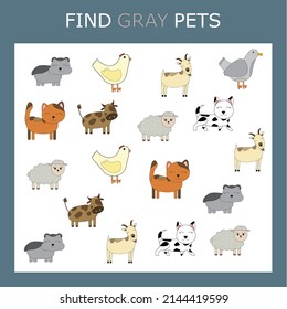 Educational activity for kids, find the gray animal among the colorful ones. Logic game for children.