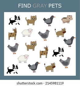 Educational activity for kids, find the gray animal among the colorful ones. Logic game for children.