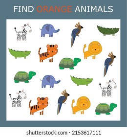 Educational activity for kids, find the orange animal among the colorful ones. Logic game for children.