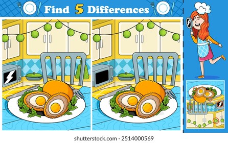 educational activity page for kids. Help the little girl chef find 5 differences between two seemingly identical pictures of a British kitchen scene featuring a delicious scotch egg.