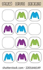 Educational activity, riddle for preschool kids.  Cut ang glue peace of longsleeve