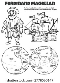 Educational activity worksheet about Ferdinand Magellan for kids. History coloring page with world map, first circumnavigation route, and carrack ship Victoria