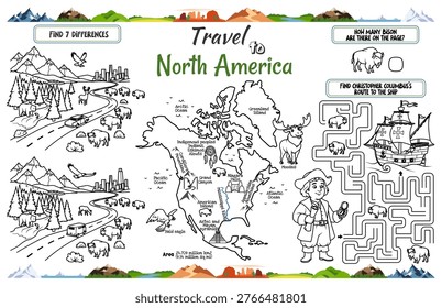 Educational activity worksheet about North America for children. Coloring page with map, historical maze with explorer, find differences game and wildlife illustrations, vector line art