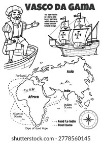 Educational activity worksheet about Vasco da Gama for kids. History coloring page with world map, sea route to India, and carrack ship San Gabriel