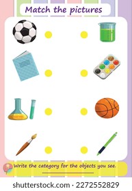 Educational activity worksheets for kids that involve matching pairs of pictures
Children develop their visual discrimination skills and problem-solving abilities.School objects
What are objects made 