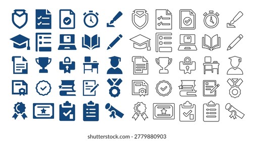 Educational administrative tools featuring graduation caps certificates trophies and files.