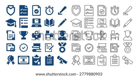 Educational administrative tools featuring graduation caps certificates trophies and files.