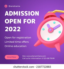 Educational admission open registration e learning courses distance social media post internet promo realistic 3d icon vector illustration. School university college special offer alarm clock design