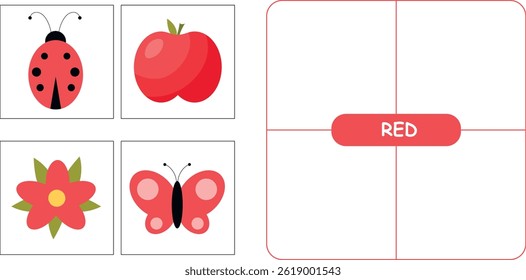Educational aid for children. Learning red color. Vector flat illustration