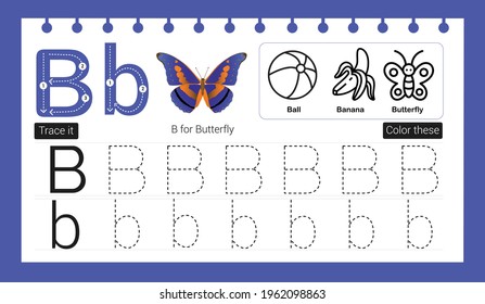 Educational alphabet B tracing game ui template for kids. Fill Color and trace alphabets.