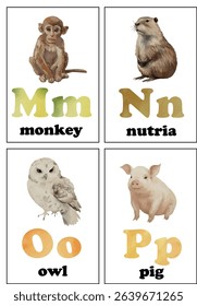 Educational alphabet card with letters M to P and cute animals. Perfect for preschool learning, nursery prints, and kids’ activities.