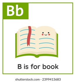 Educational alphabet flashcard for children. Learning letter B. B is for book.