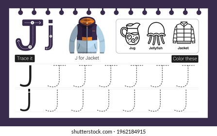 Educational alphabet J tracing game ui template for kids. Fill Color and trace alphabets.