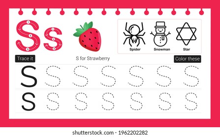 Educational alphabet S tracing game ui template for kids. Fill Color and trace alphabets.