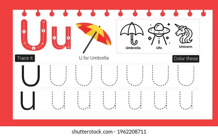 Educational alphabet U tracing game ui template for kids. Fill Color and trace alphabets.