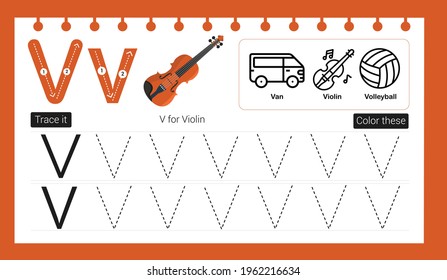 Erzieherisches Alphabet V Nachvollziehspiel in Vorlage für Kinder. Füllen Sie die Buchstaben Farbe und Spur aus.