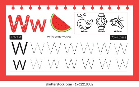 Educational alphabet W tracing game ui template for kids. Fill Color and trace alphabets.