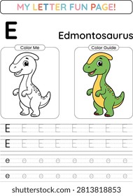 Educational alphabet worksheet featuring the letter E and an Edmontosaurus dinosaur. Includes a coloring activity and letter tracing lines to help children learn to write uppercase and lowercase letters.
