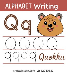Página de redação alfabética educacional com a letra Q e Quokka 