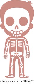 Educational anatomy body organ chart for kids. Cute cartoon little boy and his skeletal system