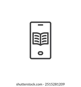 Zeilensymbol der Educational App. lineares Design für mobiles Konzept und Webdesign. Ein Smartphone mit einem Vektorsymbol für den Buchumriss. Symbol, Logo-Abbildung. Vektorgrafiken