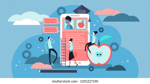 Educational app vector illustration. Flat tiny e learning persons concept. AI technology teaching students from distance. Social communication using digital devices. Modern application for web study.