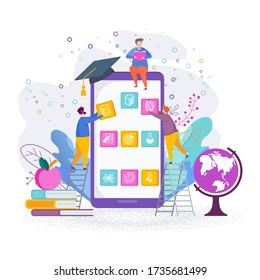 Educational application development. Small people insert icons on the screen of a mobile phone. Flat vector concept.