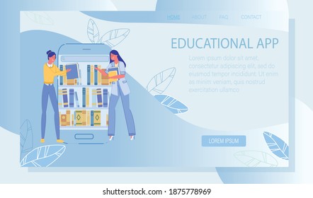 Educational Application with E-Library Archive. Online Education Program. Landing Page Design with Woman Searching Book for Study. E-Reader App. Media Content Storing for Learn. Vector Illustration