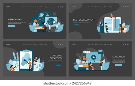 Educational and Artistic set. Exploring the universe with astronomy. The journey of self-development through books. Harnessing art and creativity. The essence of structured education. Flat vector